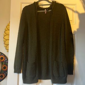 Olive green cardigan with hood. Size medium